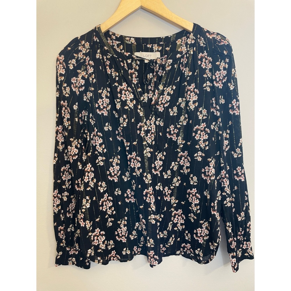 Loft Black Floral Puff Sleeve Blouse Size Medium Gold Metallic Pinstripe Office